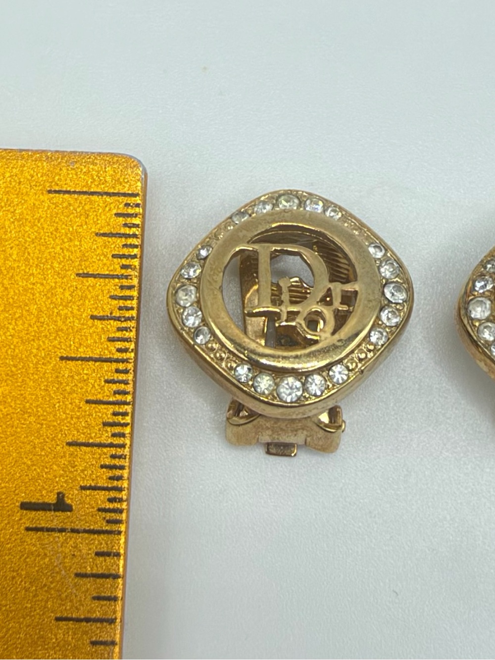 Christian Dior Earrings Vtg CD Logo Gold Plated Clip 1980s Rhinestone Germany - Picture 9 of 9